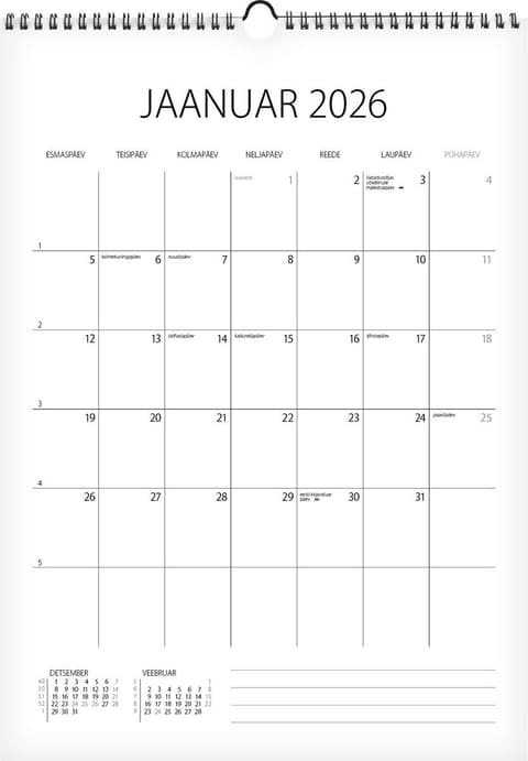 2026 Memokalender, 297 x 210 mm, aasaga spiraalköide