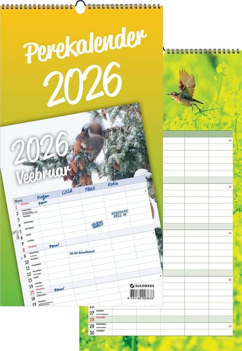 2026 Perekalender, 225 x 420 mm, aasaga spiraalköide