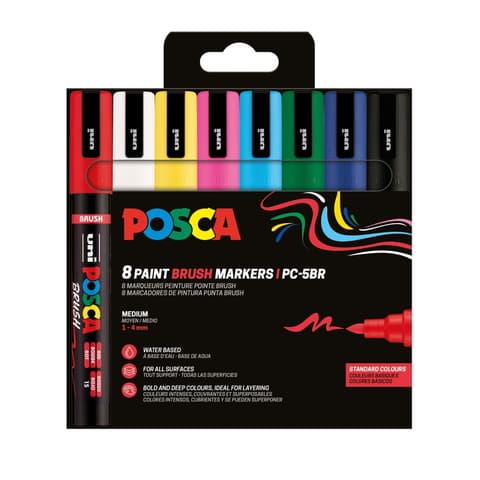 Marker Uni POSCA PC-5BR, pintsel ots, 8 värvi BASIC